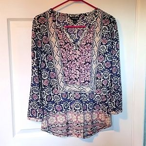 Lucky Brand Shirt Womens Size Small Blue Pink Boho Floral Geometric